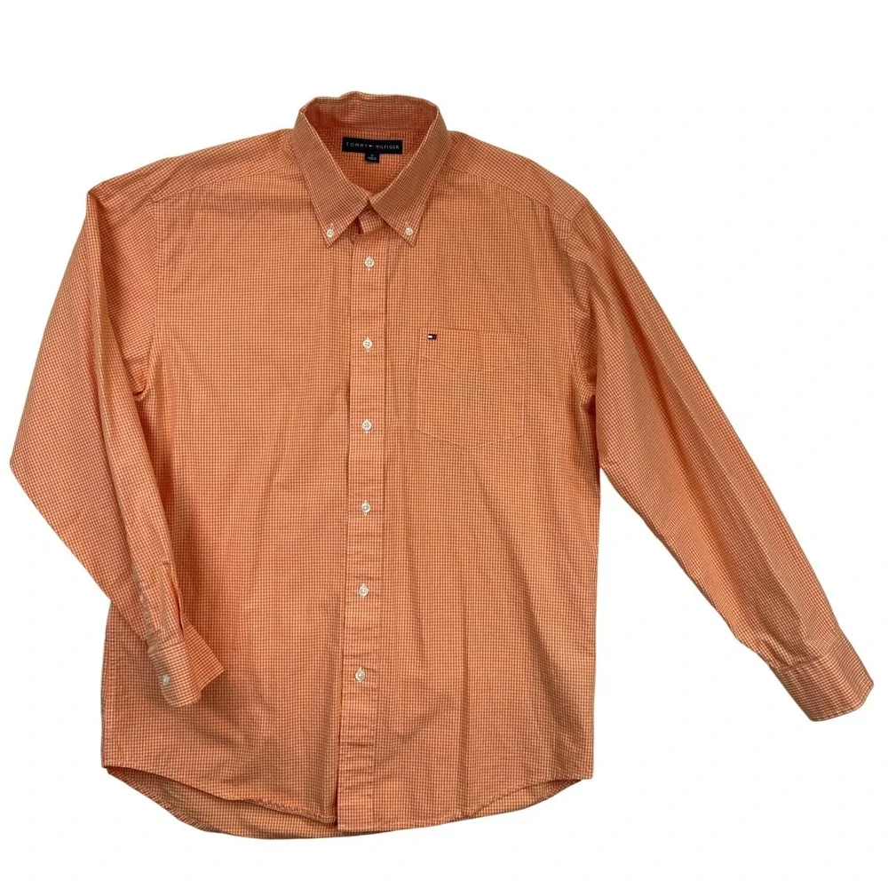 Tommy Hilfiger Shirt Mens M Orange Gingham Button Down Long Sleeve - Picture 1 of 8